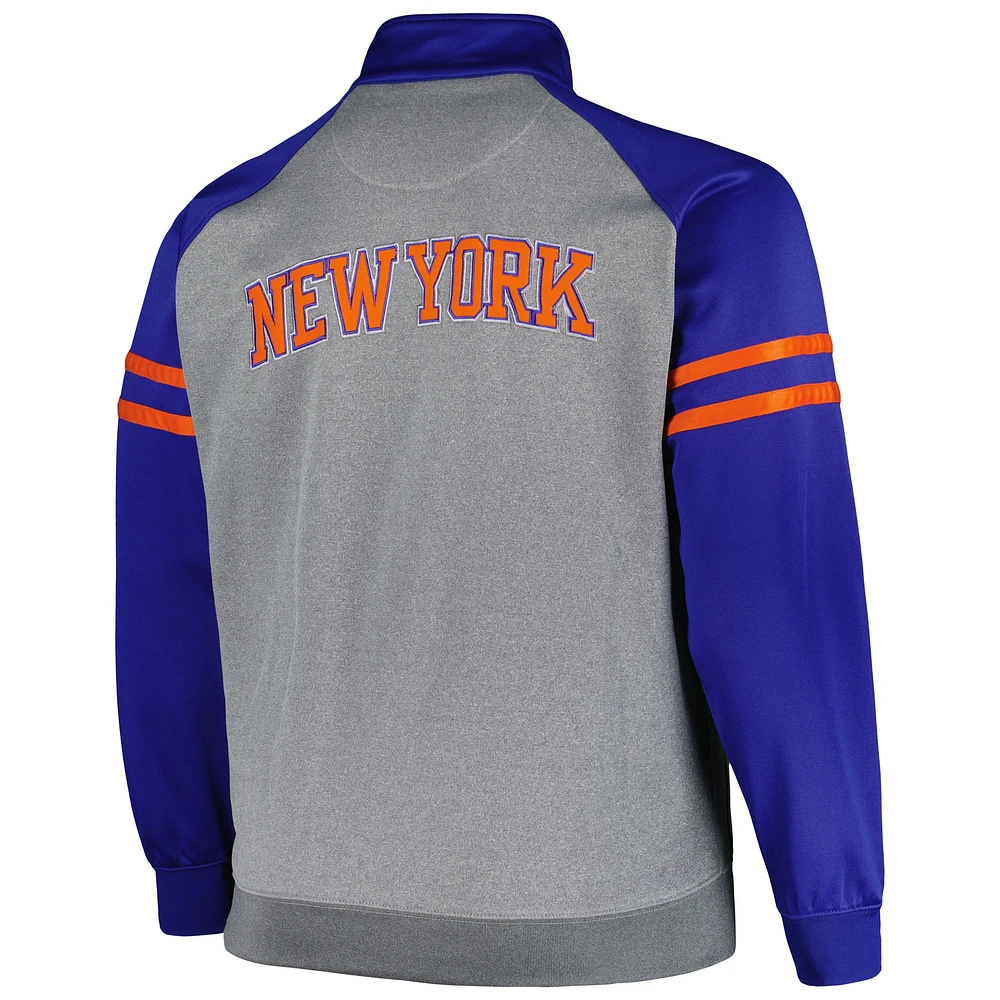 Men's Fanatics Blue/Heather Gray New York Knicks Big & Tall Pieced Stripe Raglan Full-Zip Track Jacket