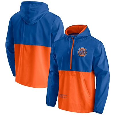 Veste à capuche coupe-vent demi-zip Fanatics pour hommes bleu/orange New York Knicks Anorak Block Party