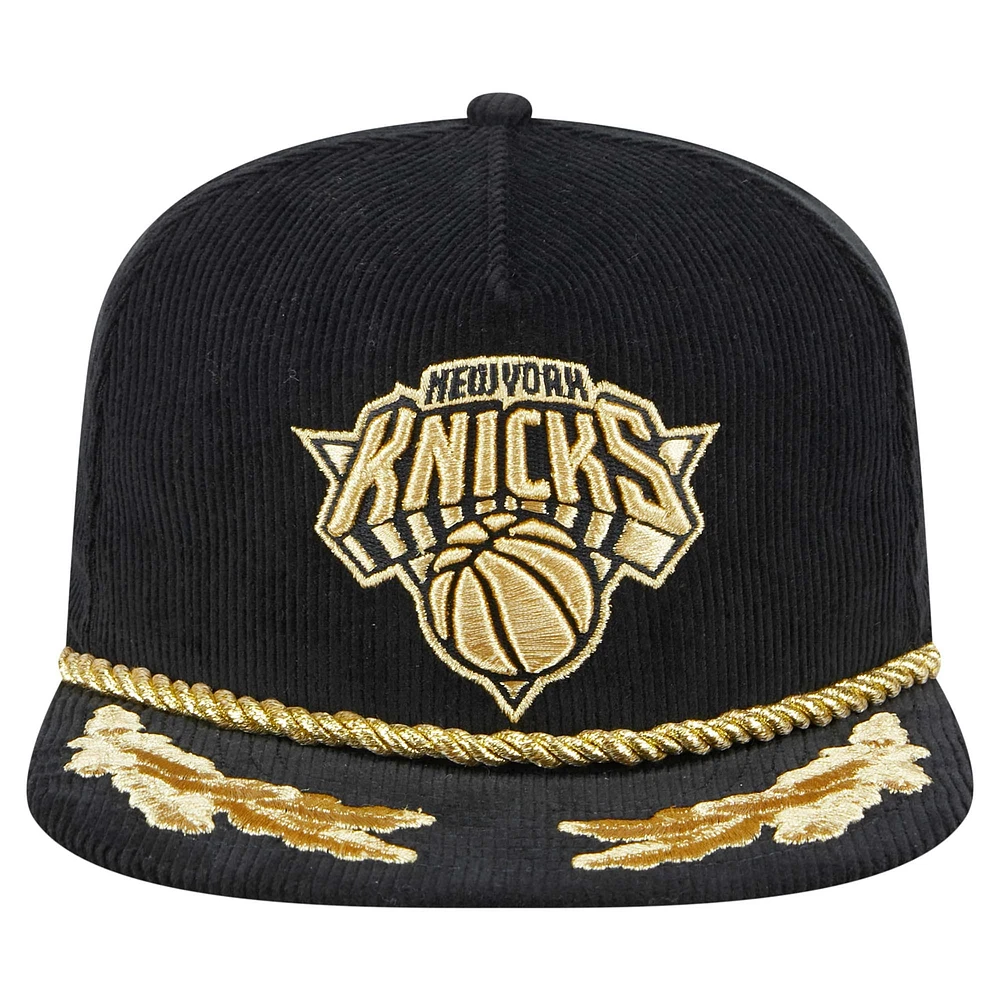 Men's New Era  Black New York Knicks Corduroy Gold Leaf Golfer Snapback Hat