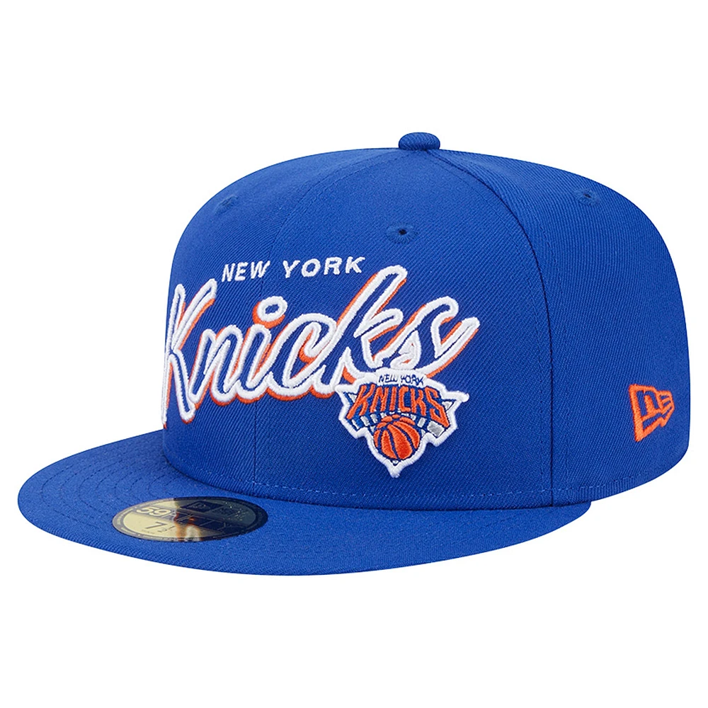 Men's New Era Blue York Knicks Sport Night Script Sided 59FIFTY Fitted Hat