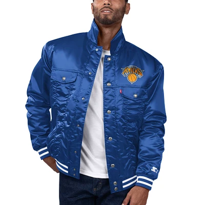 Men's Starter x Levi's Blue New York Knicks Silver Label Trucker Satin Full-Snap Jacket