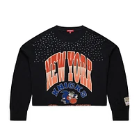 Women's Mitchell & Ness  Black New York Knicks Hardwood Classics Studded Boxy Cropped Long Sleeve T-Shirt