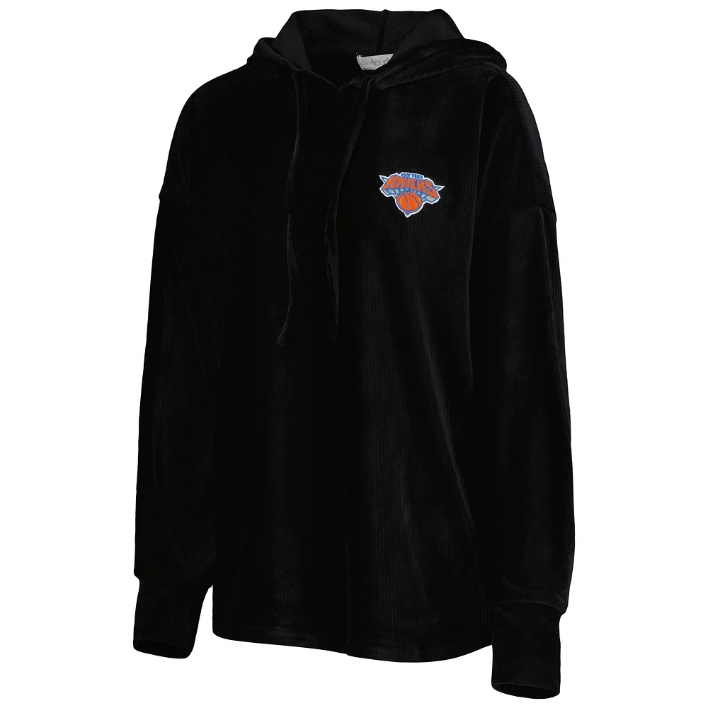 Women's Touch Black New York Knicks End Line Velour Pullover Hoodie