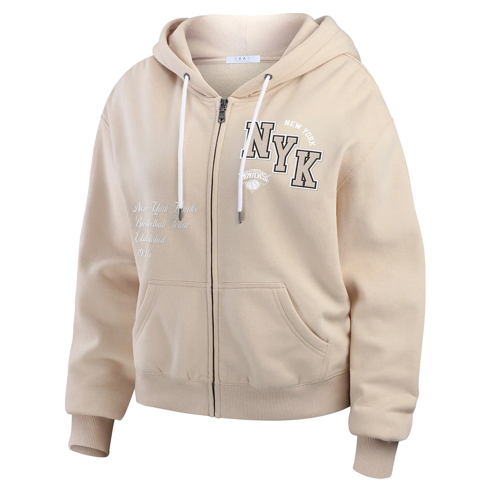 Women's WEAR by Erin Andrews Cream New York Knicks Plus Tonal Felt Patch Full-Zip Hoodie