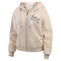 Women's WEAR by Erin Andrews Cream New York Knicks Plus Tonal Felt Patch Full-Zip Hoodie