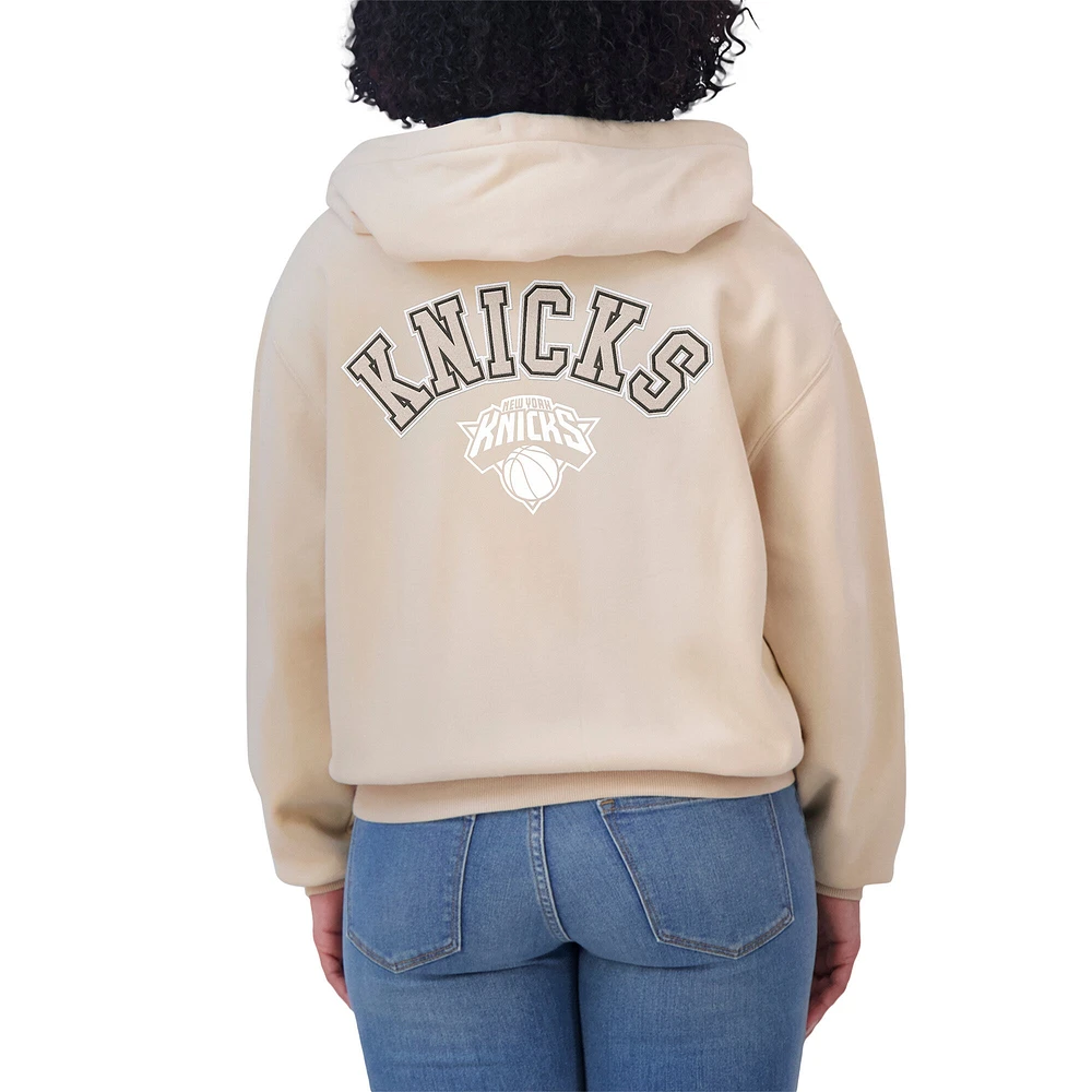Women's WEAR by Erin Andrews Cream New York Knicks Plus Tonal Felt Patch Full-Zip Hoodie