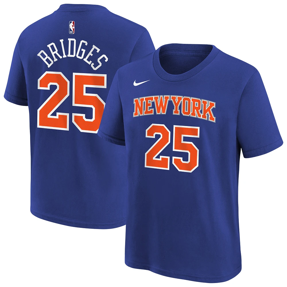 T-shirt Nike Mikal Bridges #25 bleu pour jeunes avec nom et numéro des New York Knicks