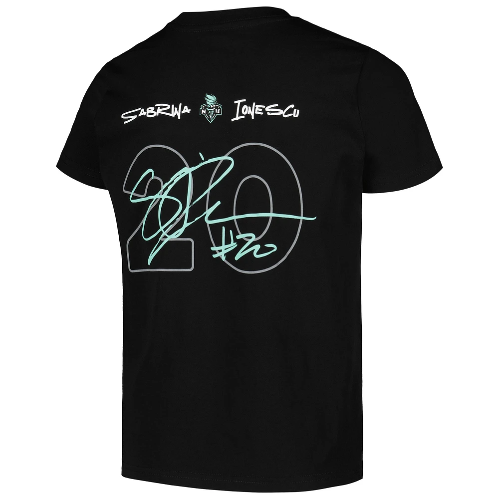 Youth round21 Sabrina Ionescu Black New York Liberty Player Signature Name & Number T-Shirt
