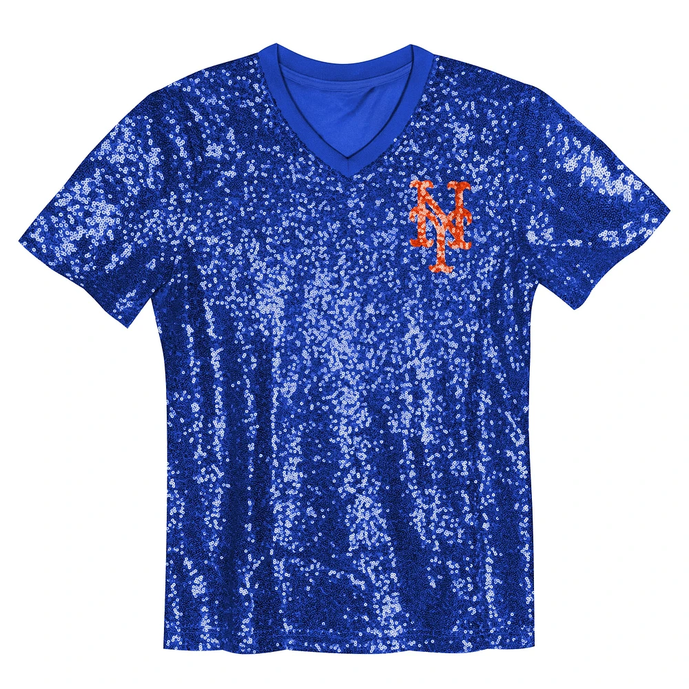 Haut à col en V sequins avec nom et numéro des Mets de New York Francisco Lindor Royal pour juniors