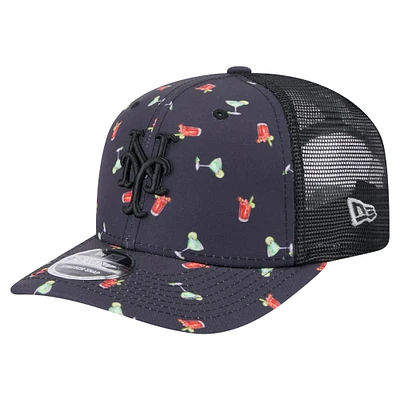 Casquette extensible à bouton-pression New Era noire New York Mets Adventure Drinks Pattern 9SEVENTY pour homme