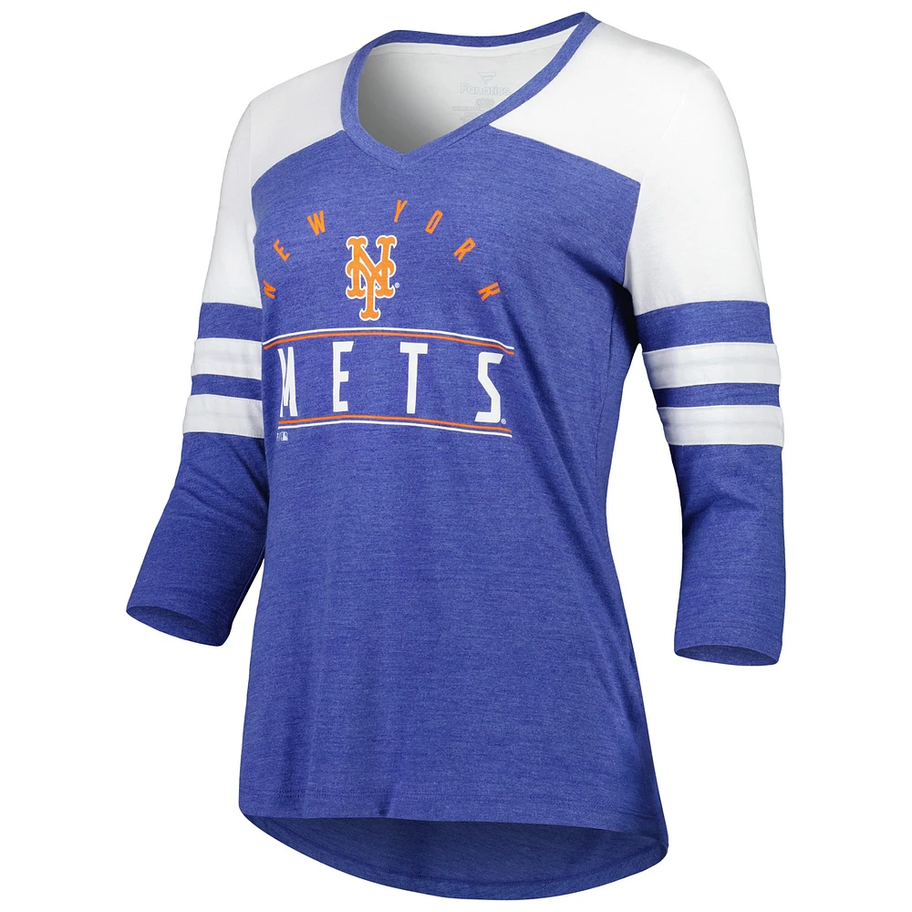 T-shirt à manches 3/4 et col en V Fanatics Heather Royal New York Mets League Leader Tri-Blend pour femmes