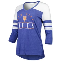 T-shirt à manches 3/4 et col en V Fanatics Heather Royal New York Mets League Leader Tri-Blend pour femmes