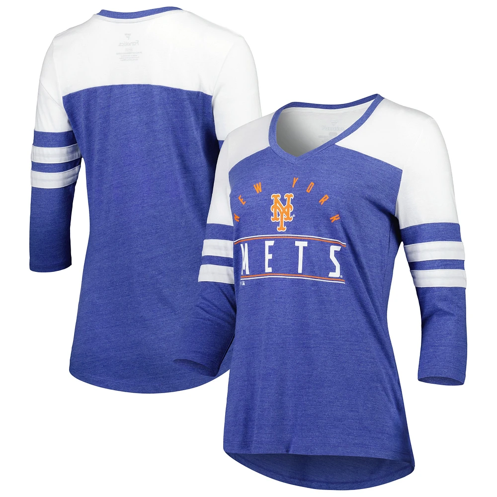 T-shirt à manches 3/4 et col en V Fanatics Heather Royal New York Mets League Leader Tri-Blend pour femmes