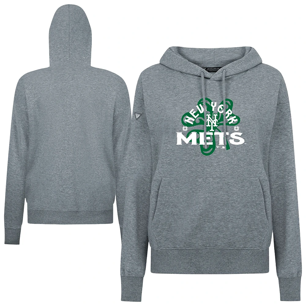 Women's Levelwear Gray New York Mets St. Patrick's Day Adorn Shamrock Pullover Hoodie