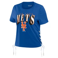 Women's WEAR by Erin Andrews Royal New York Mets Side Lace-Up Cropped T-Shirt
