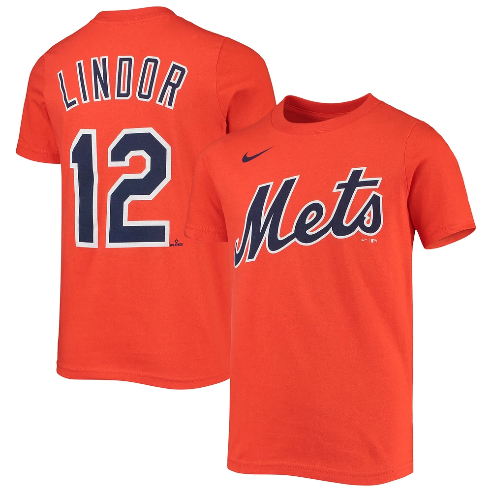 T-shirt Nike Francisco Lindor pour jeune, orange, nom et numéro du joueur des Mets de New York