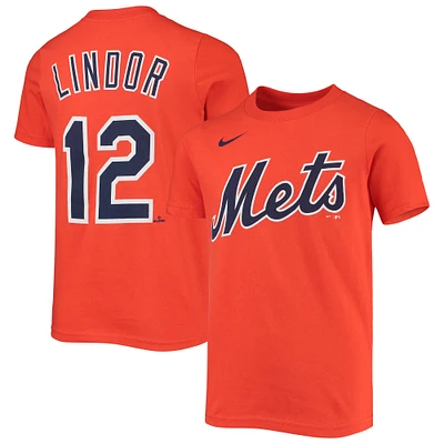 T-shirt Nike Francisco Lindor pour jeune, orange, nom et numéro du joueur des Mets de New York