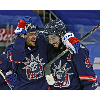Artemi Panarin & Mika Zibanejad New York Rangers Unsigned Reverse Retro Jersey Win Celebration Photograph