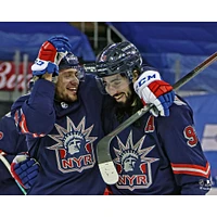 Artemi Panarin & Mika Zibanejad New York Rangers Unsigned Reverse Retro Jersey Win Celebration Photograph
