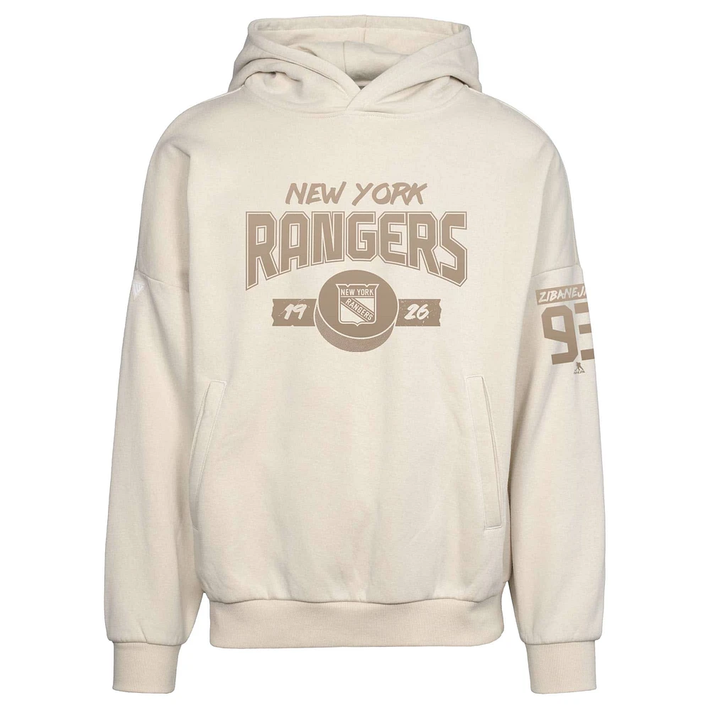 Sweat à capuche surdimensionné pour homme Levelwear Mika Zibanejad Kaki New York Rangers avec nom et numéro de contact
