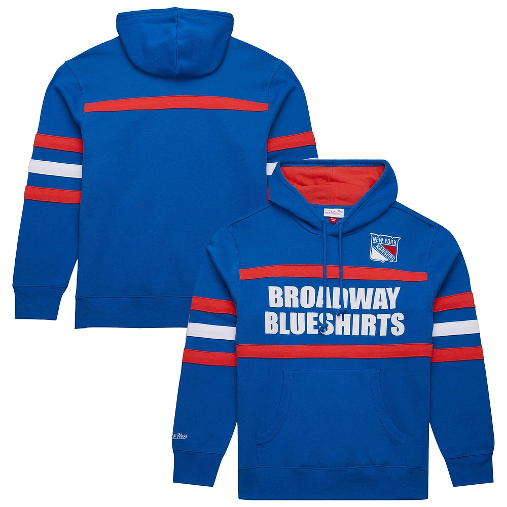 Sweat à capuche bleu Mitchell & Ness avec slogan de l'entraîneur-chef des Rangers New York pour homme