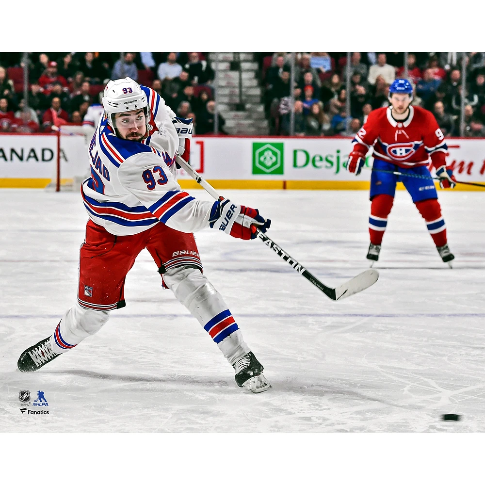 Mika Zibanejad New York Rangers Unsigned White Jersey Shooting Photograph