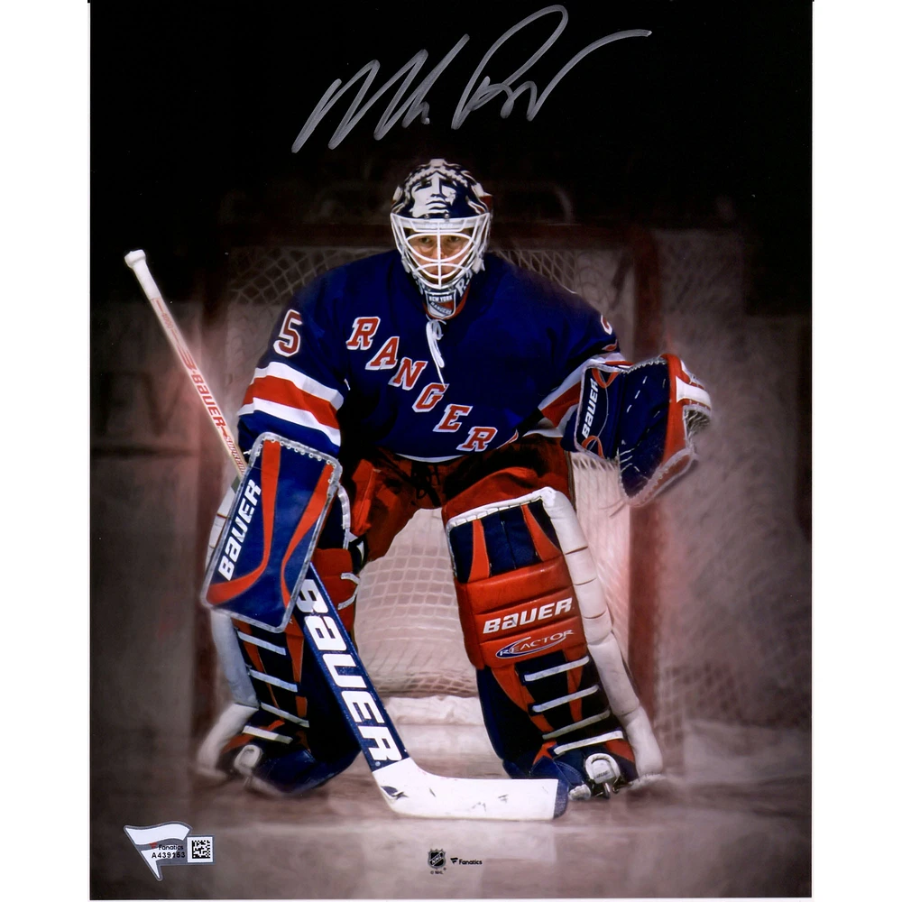 Mike Richter, Rangers de New York, autographié 8" x 10" sous les projecteurs du filet