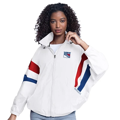 Veste à capuche surdimensionnée entièrement zippée G-III Sports by Carl Banks pour femme, blanche, avec logo des Rangers de New York Game News