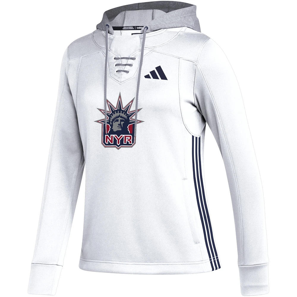Women's adidas White New York Rangers Refresh Skate Lace AEROREADY Pullover Hoodie
