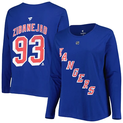 Profil femme Mika Zibanejad T-shirt à manches longues bleu New York Rangers grande taille avec nom et numéro imprimés en détresse