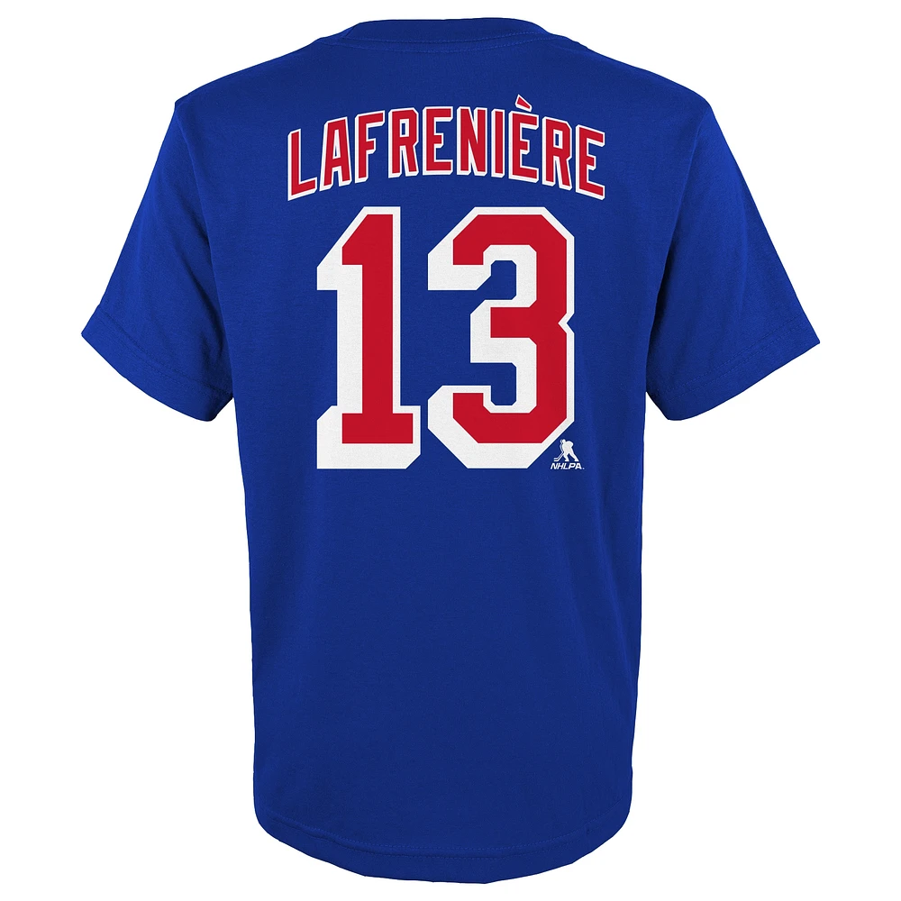 T-shirt bleu avec nom et numéro de joueur des Rangers New York Alexis Lafrenière pour jeunes