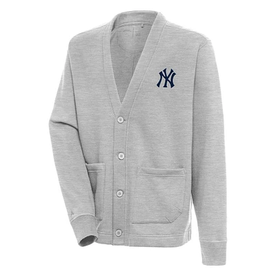 Men's Antigua  Heather Gray New York Yankees Button-Up Cardigan