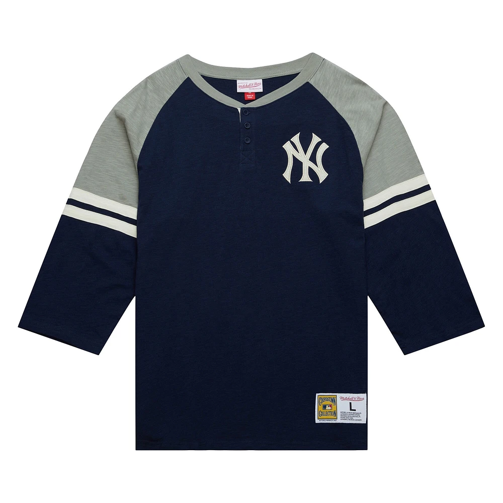 Men's Mitchell & Ness Navy New York Yankees Cooperstown Collection Legendary Raglan Slub Henley 3/4-Sleeve T-Shirt