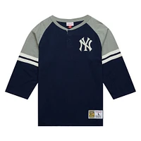Men's Mitchell & Ness Navy New York Yankees Cooperstown Collection Legendary Raglan Slub Henley 3/4-Sleeve T-Shirt