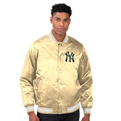 Veste universitaire en satin à boutons-pression Starter Tan des Yankees de New York pour homme