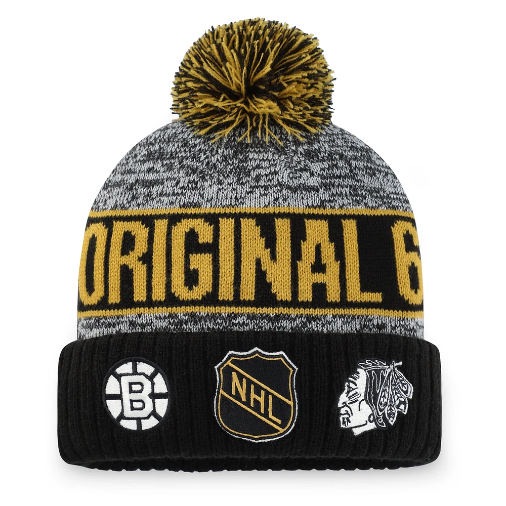 Men's Fanatics Heather Gray NHL Logo Original 6 Script Cuffed Knit Hat with Pom