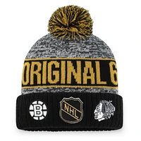 Men's Fanatics Heather Gray NHL Logo Original 6 Script Cuffed Knit Hat with Pom
