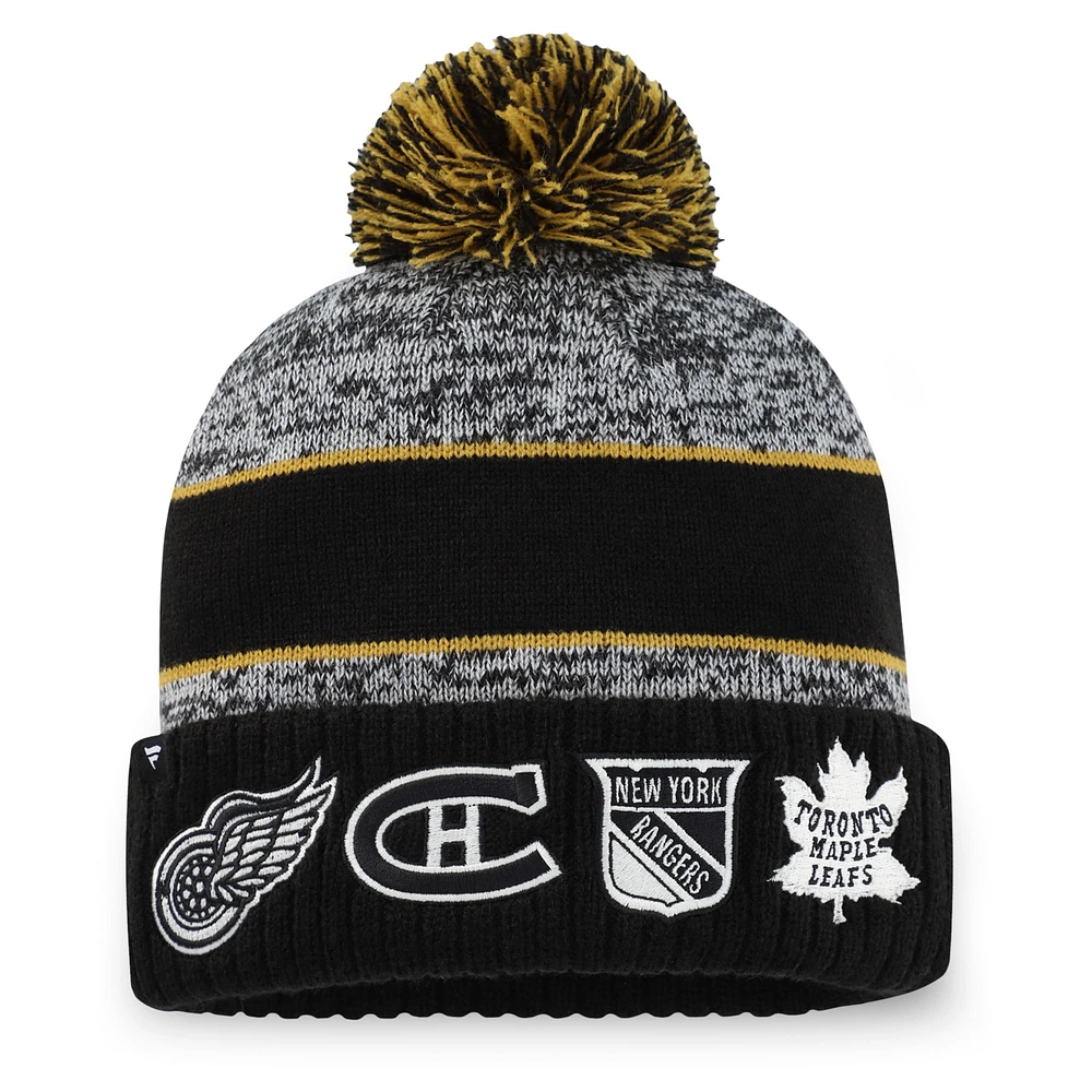 Men's Fanatics Heather Gray NHL Logo Original 6 Script Cuffed Knit Hat with Pom