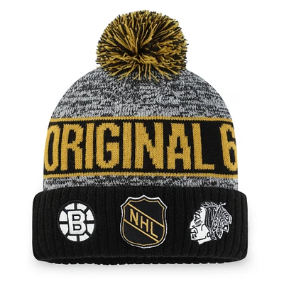 Men's Fanatics Heather Gray NHL Logo Original 6 Script Cuffed Knit Hat with Pom