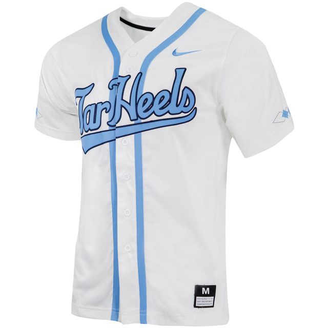 Maillot de baseball Nike pour hommes, réplique des Tar Heels Caroline du Nord, blanc, boutonné sur toute la longueur
