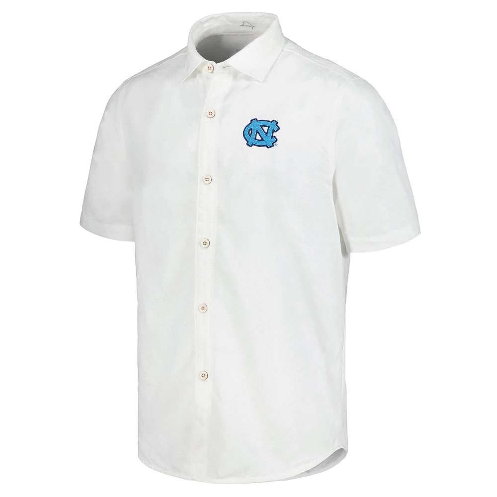 Men's Tommy Bahama White North Carolina Tar Heels Coconut Point Palm Vista IslandZone Camp Button-Up Shirt