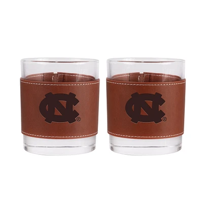 Lot de 2 verres à whisky de 12 oz avec emballage en cuir des Tar Heels de Caroline du Nord