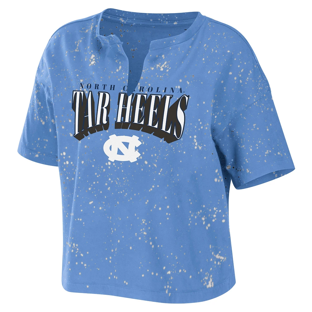 Women's WEAR by Erin Andrews Carolina Blue North Tar Heels Bleach Wash Splatter Cropped Notch Neck T-Shirt