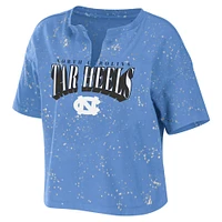 Women's WEAR by Erin Andrews Carolina Blue North Tar Heels Bleach Wash Splatter Cropped Notch Neck T-Shirt