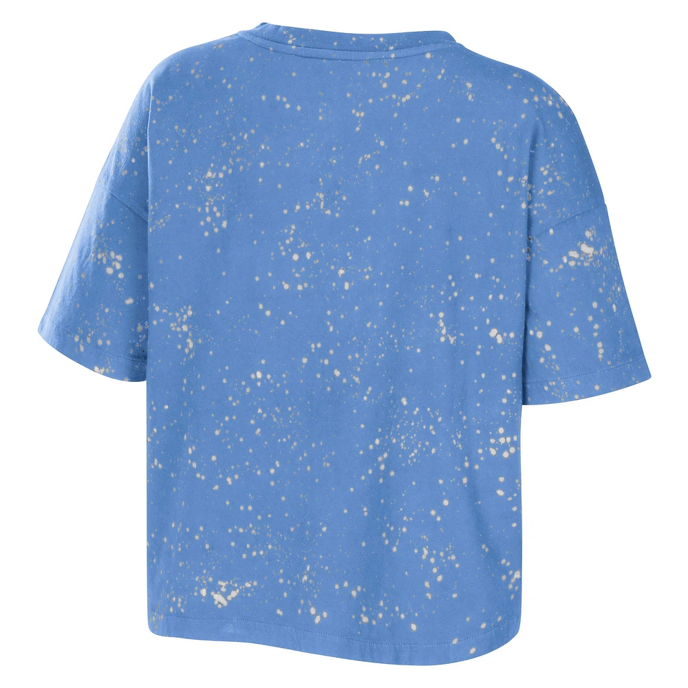 Women's WEAR by Erin Andrews Carolina Blue North Tar Heels Bleach Wash Splatter Cropped Notch Neck T-Shirt