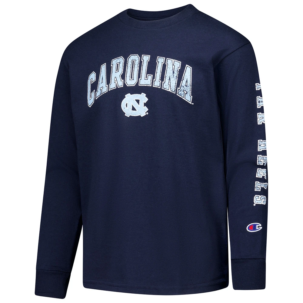 Youth Champion Navy North Carolina Tar Heels Distressed Arch Over Logo Long Sleeve T-Shirt