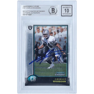 Carte de recrue autographiée 1998 Bowman Chrome #181 Beckett par Charles Woodson Oakland Raiders, témoin des fanatiques