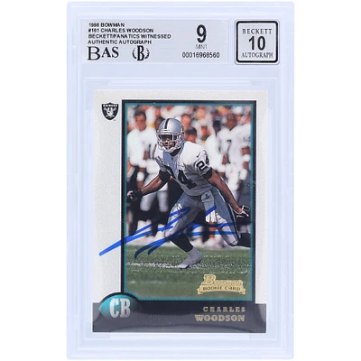 Carte de recrue 9/10 authentifiée signée par Charles Woodson, Oakland Raiders, Bowman #181 de 1998, présentée par des fanatiques de Beckett