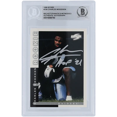 Carte de recrue authentifiée signée par Charles Woodson Oakland Raiders, série 1 de score de 1998, encre argentée n° 236, avec l'inscription « HOF 21 »