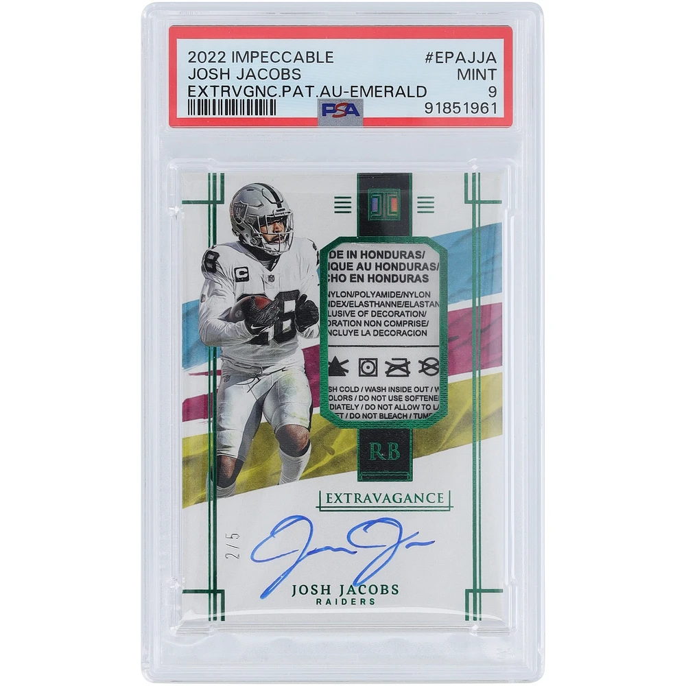 Josh Jacobs Oakland Raiders Autographed 2022 Panini Impeccable Laundry Tag Emerald #EPA-JJA #2/5 PSA Authenticated 9 Card